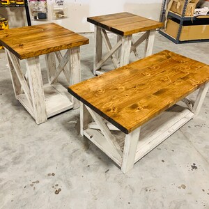 Farmhouse Living Room Set, End Tables Set and Coffee Table with Distressed White Base and Early American Top, Rustic Living Room Furniture X image 2