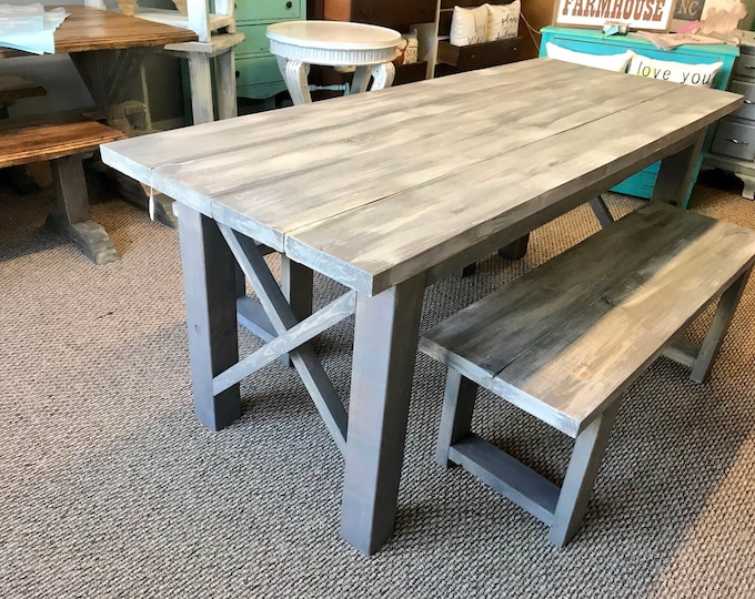 Rustic Wooden Farmhouse Table Set with Gray White Wash Top and Classic Gray Base Criss Cross Style Includes Two Benches