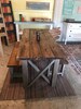 Rustic Wooden Farmhouse Table Set with Provincial Brown Top and Classic Gray Base Criss Cross Style Includes Two Benches 