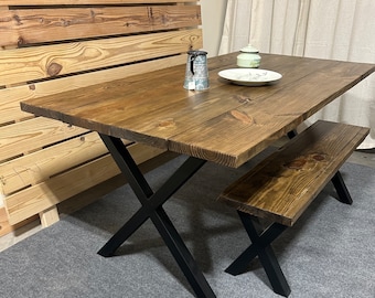 Rustic Industrial Farmhouse Table with Bench and Chairs - Handcrafted Wood and Steel