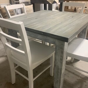 Square Farmhouse Table Set, Chairs with Distressed White Base, Gray White Wash Top , Nook Table Set, Dining Set