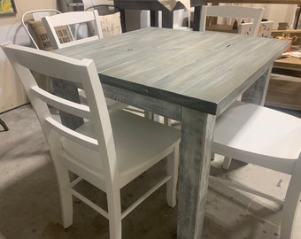 Square Farmhouse Table Set, Chairs with Distressed White Base, Gray White Wash Top , Nook Table Set, Dining Set