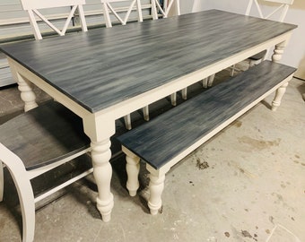 Rustic Farmhouse Dining Table Set: Turned Leg, Carbon Gray Whitewash Top