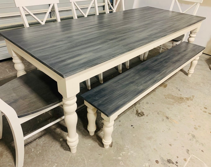 Rustic Turned Leg Farmhouse Table Set, Bench and Chairs with White Base Carbon Gray Whitewash Top, Nearly Seamless Top Dining Table Set