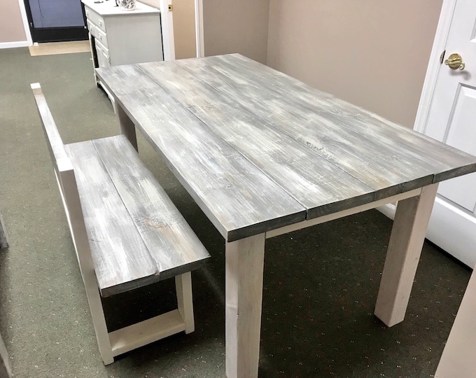 White Wash Farmhouse Table With Bench with Back Rustic Wooden Gray White Wash Top and Creamy White Distressed Base Dining or Kitcen Table