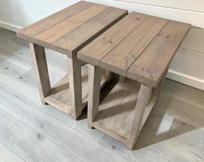 Solid Wood Farmhouse End Table Set: Gray Tops, Distressed Cream Bases, Storage Shelves