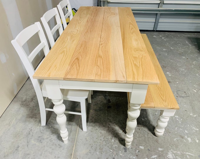 Rustic Farmhouse Table with Oak Top, and White Base, Set With Chairs and Bench, Dining Table Set