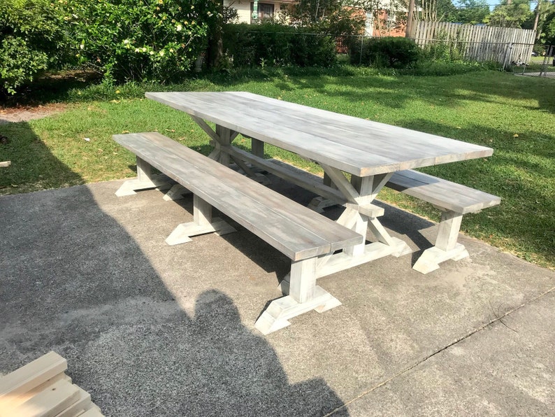 8ft Rustic Outdoor Farmhouse Table With Long Benches Banquet Etsy