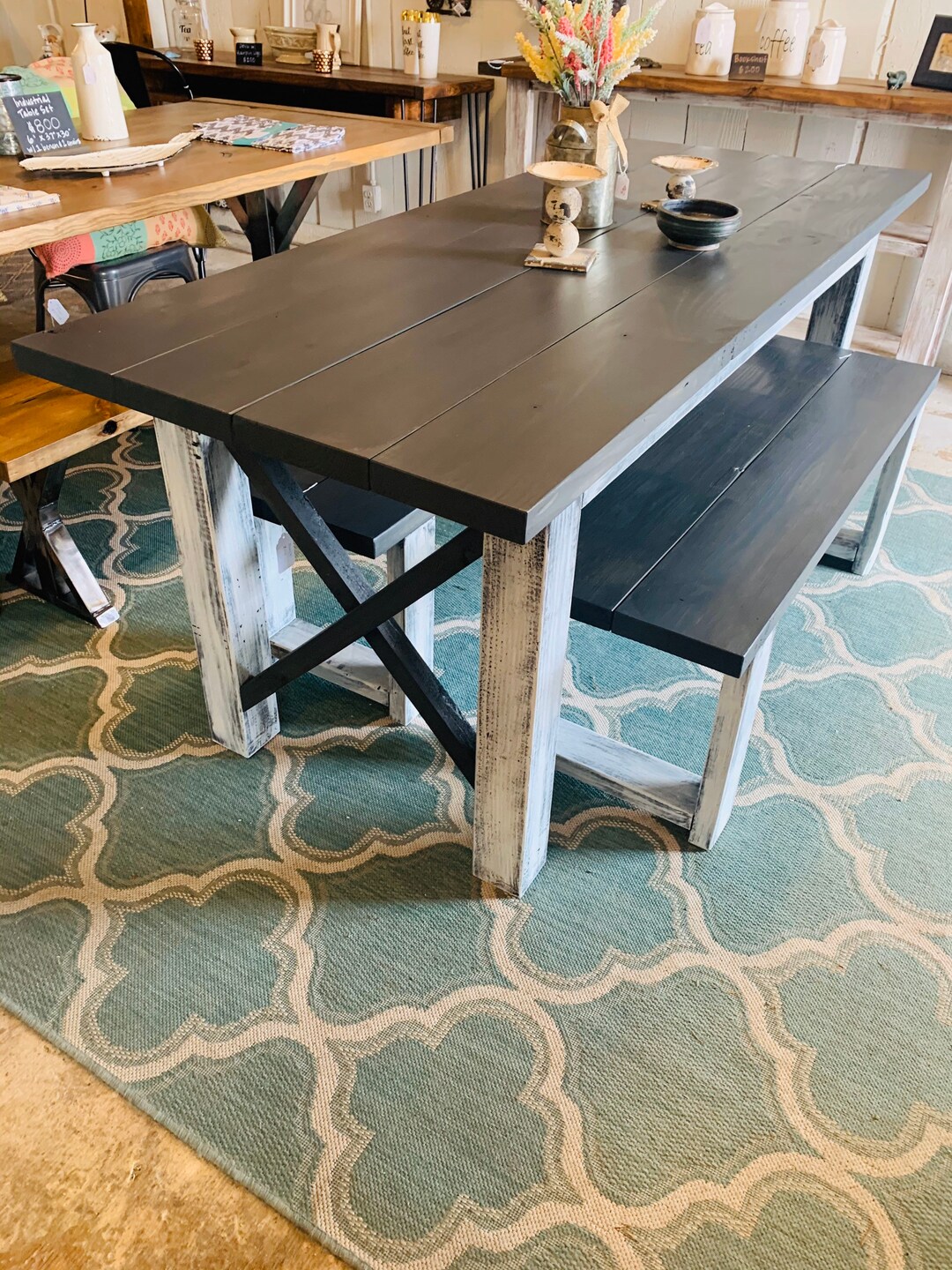Rustic Wooden Farmhouse Table Set With Carbon Gray Top and Distressed ...