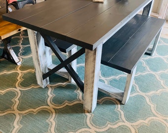 Rustic Wooden Farmhouse Table Set with Carbon Gray Top and Distressed White Base Cross Style Includes Two Benches