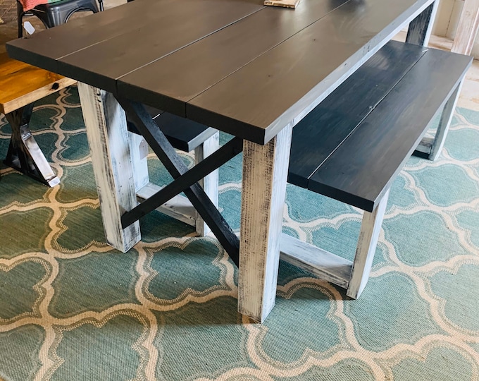 Rustic Wooden Farmhouse Table Set with Carbon Gray Top and Distressed White Base Cross Style Includes Two Benches