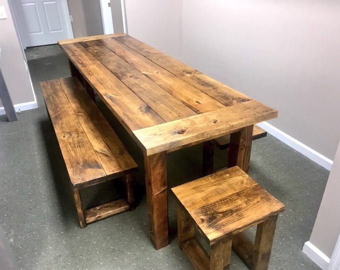 Rustic Wooden Farmhouse Table Set with Breadboards Provincial Brown Stain Includes Two Benches and End Stools Wooden Dining Set