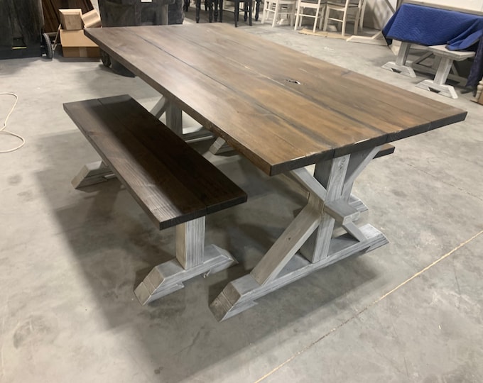 Rustic Pedestal Farmhouse Table With Benches Dark Walnut Brown with White Distressed Base Dining Set