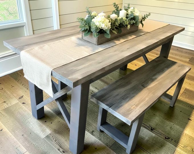 Rustic Farmhouse Table Set: Gray White Wash Top, Criss Cross Base