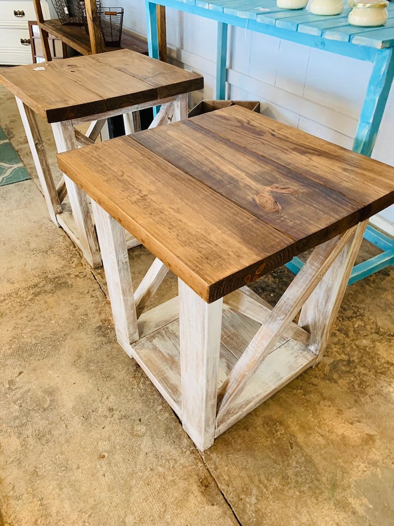 Rustic Handmade End Tables Set with Shelve, Distressed White Base with Provincial Brown Top of Farmhouse Side Tables, X Criss Cross Style image 2