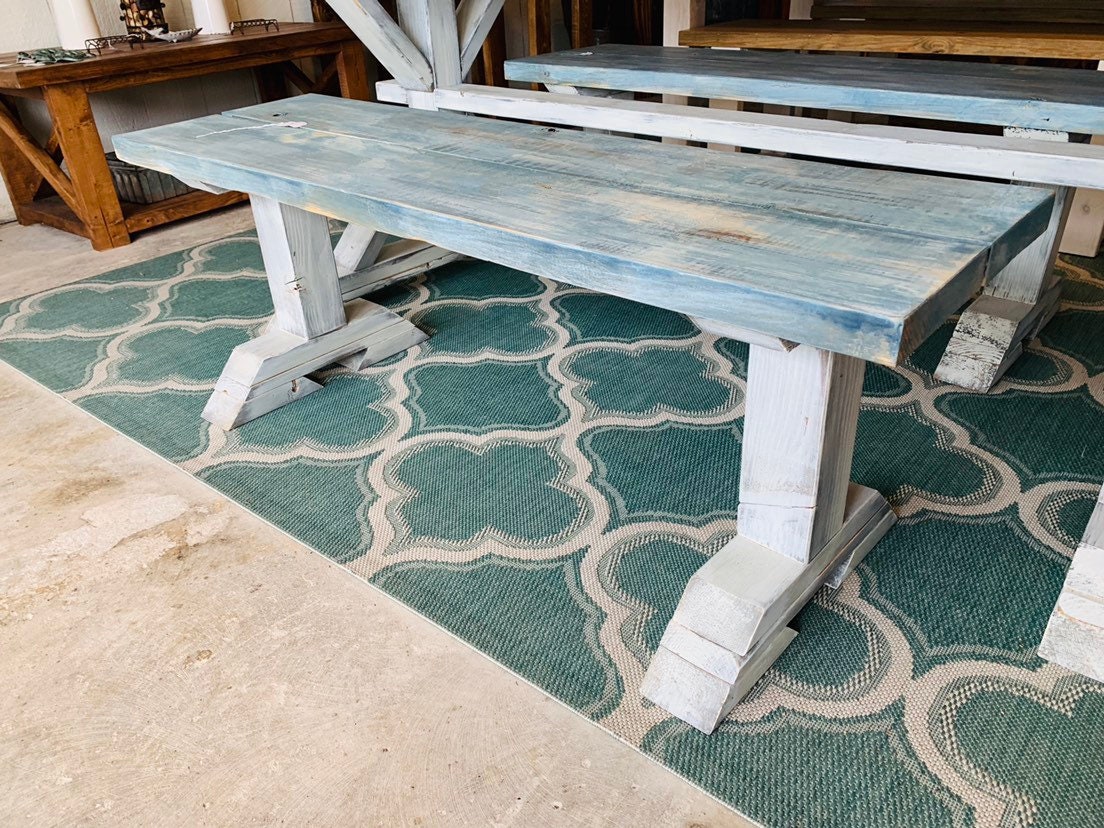 Rustic Farmhouse Pedestal Bench With Beachy Feel Distressed Aqua