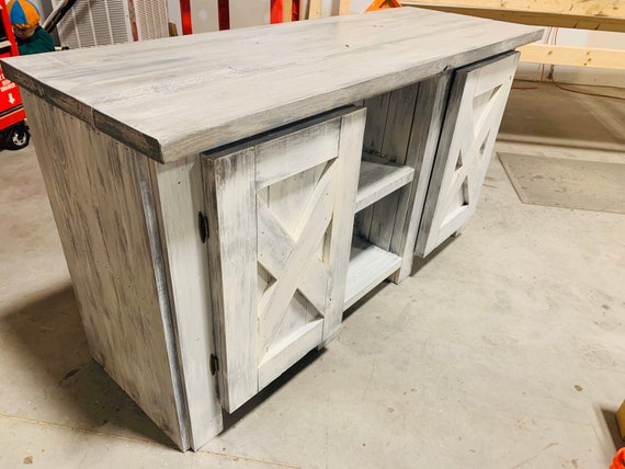 Rustic Farmhouse Buffet Distressed White Base and Gray White Wash
