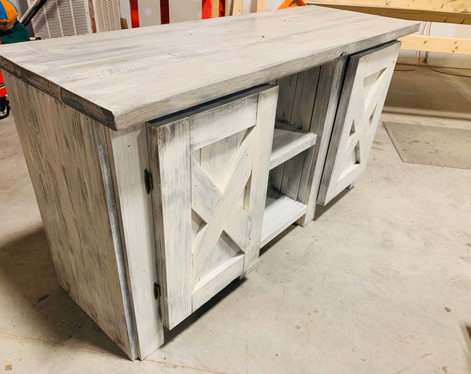 Rustic Farmhouse Buffet Distressed White Base and Gray White Wash Top, Wooden Cabinet with Doors, Server, Entertainment Stand with Storage