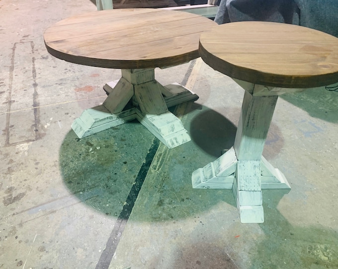 Round Farmhouse Rustic Coffee Table and End Table With Pedestal Base, Distressed White Base With Provincial Top Living Room Set