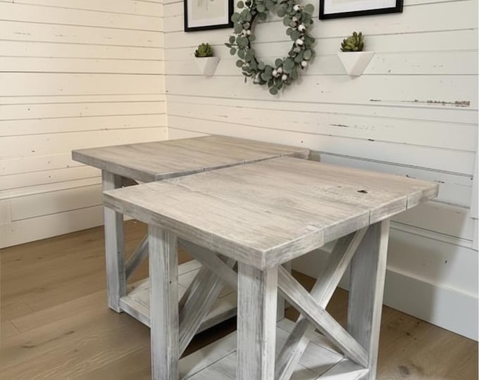 Farmhouse End Table Set Solid Wood Rustic Storage X Brace Distressed White Living Room