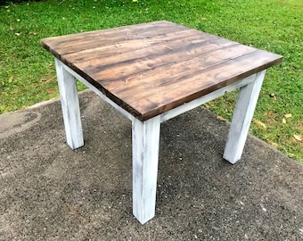 Square Farmhouse Table, Rustic Farmhouse Table, Dark Walnut Top Gray White Wash Base, Wooden Dining Table
