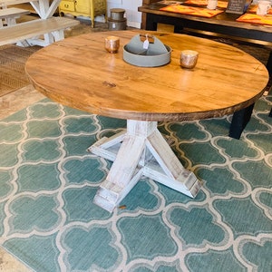 Round Farmhouse Table, Single Trestle Style Base, Provincial Brown Top with Distressed White Base, Small Wooden Dining Table