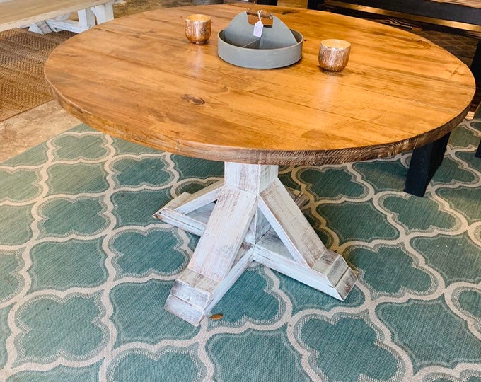 Round Farmhouse Table, Single Trestle Style Base, Provincial Brown Top with Distressed White Base, Small Wooden Dining Table