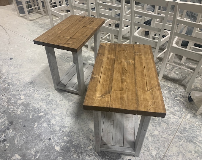 Rustic Handmade Long End Tables Set with Shelve, Distressed White Base with Early American Top Pair of Farmhouse Side Tables, Wooden Tables