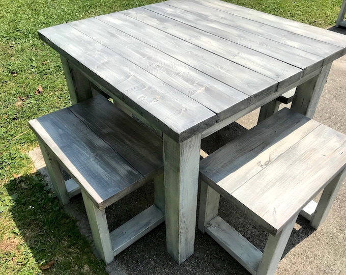 Square Farmhouse Table, Rustic Farmhouse Table, Dining Set with Stools, Table with Small Benches, White Wash With Glossy Top