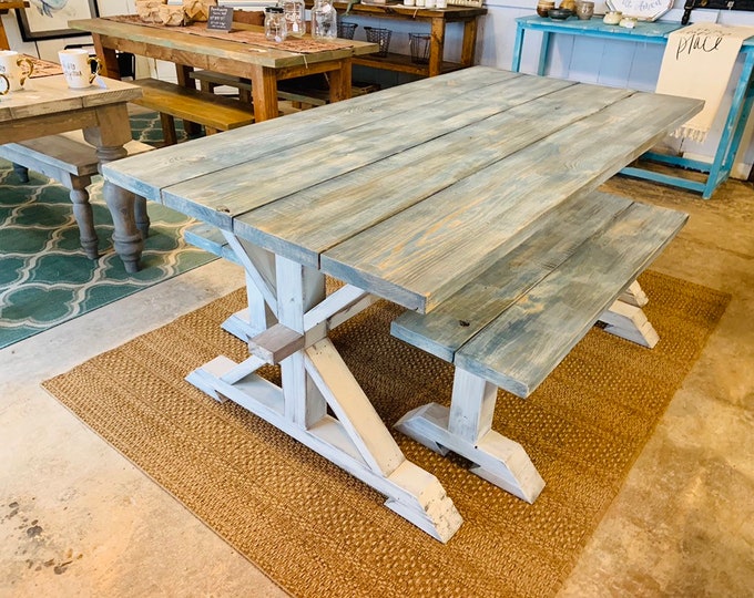 Rustic Pedestal Farmhouse Table With Benches Worn Navy Top with White Wash with White Distressed Base Dining Set Beach Decor