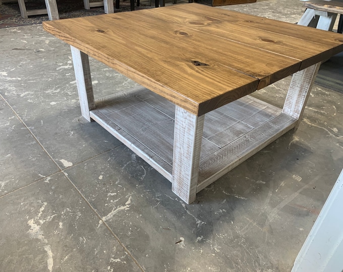 Large Rustic Farmhouse Coffee Table, Early American Brown Top, Creamy White Distressed Base, Large Square Coffee Table with Shelve