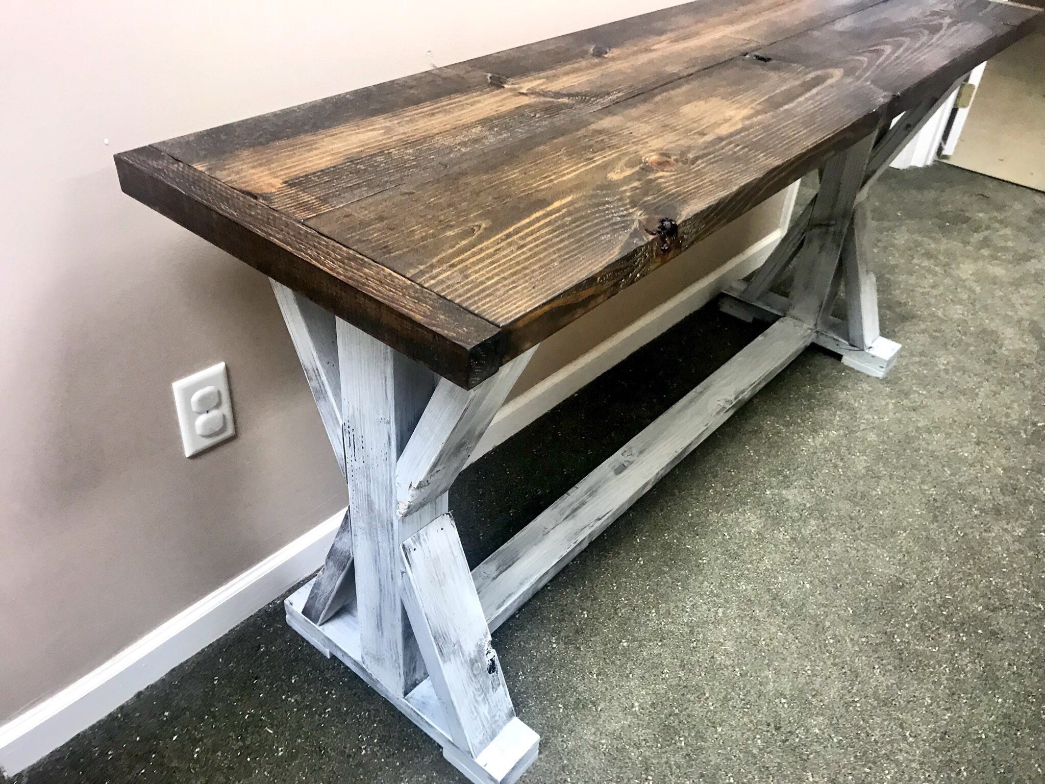 Rustic Console Table, Farmhouse Pedestal Entryway Table with Dark Walnut Top and Distressed