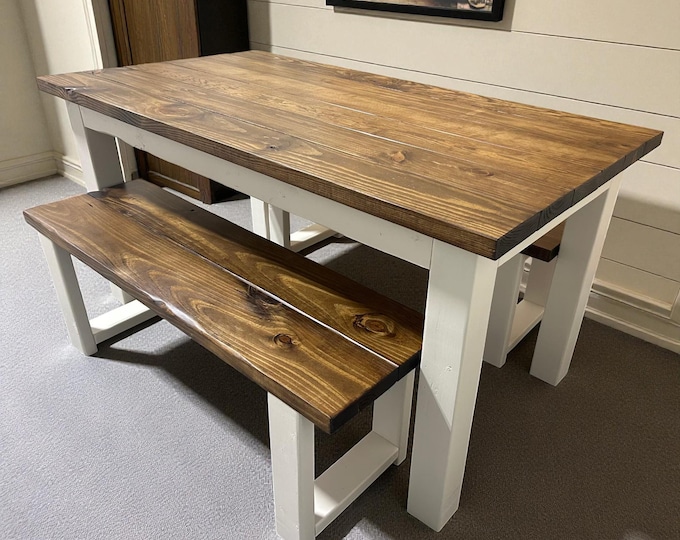 Small Farmhouse Dining Table Set - Rustic Kitchen Set with Benches - Real Wood Cottage Style