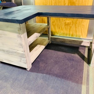 Rustic Farmhouse L Desk: Navy Blue Top, Distressed White Base, Storage Shelves