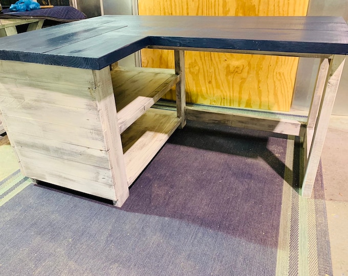 Rustic Farmhouse Left Return Desk with Storage, L Desk with Navy Blue top and White Distressed Base, Wooden Office Desk with Shelving