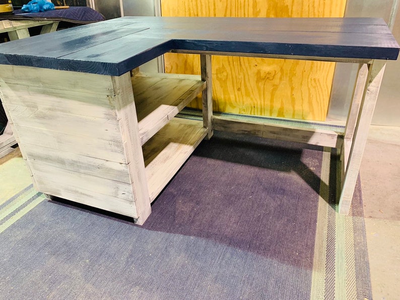 Rustic Farmhouse Left Return Desk With Storage L Navy Blue Top And White Distressed Base Wooden Office Shelving