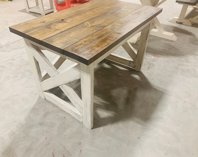 Rustic Farmhouse Desk with A Dark Walnut Top and White Distressed Base, X Style Accents, 4ft Desk, Deep Office Desk