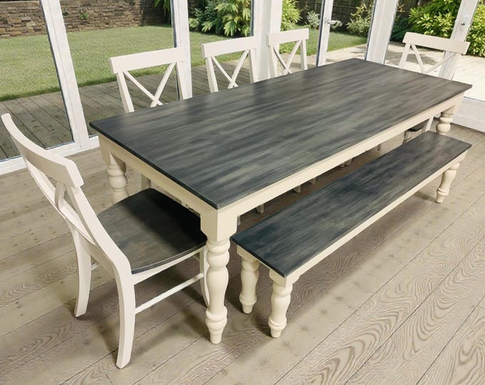 Farmhouse Turned Leg Dining Table Bench Chairs Solid Wood Heirloom Family Kitchen Set Large