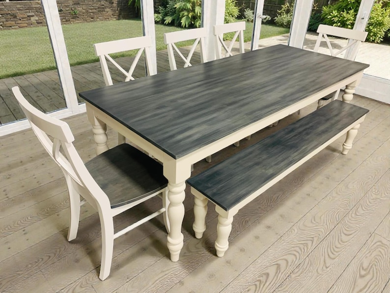 Farmhouse Turned Leg Dining Table Bench Chairs Set - Thumbnail 2