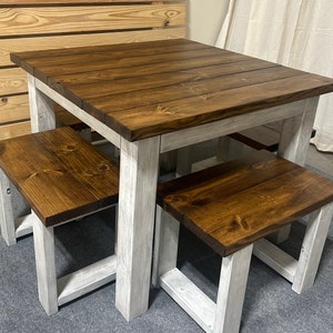 Square Farmhouse Table, Rustic Farmhouse Table, Dining Set with Stools, Table with Short Benches, Provincial Brown Top Gray White Wash Base