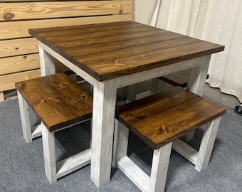 Square Farmhouse Table, Rustic Farmhouse Table, Dining Set with Stools, Table with Short Benches, Provincial Brown Top Gray White Wash Base