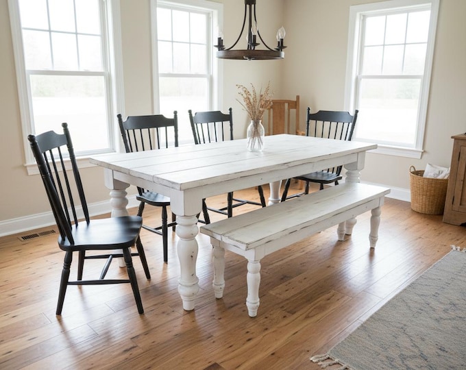 Farmhouse Dining Table Set Bench Turned Legs 7ft White Rustic Wood Kitchen Handmade Furniture