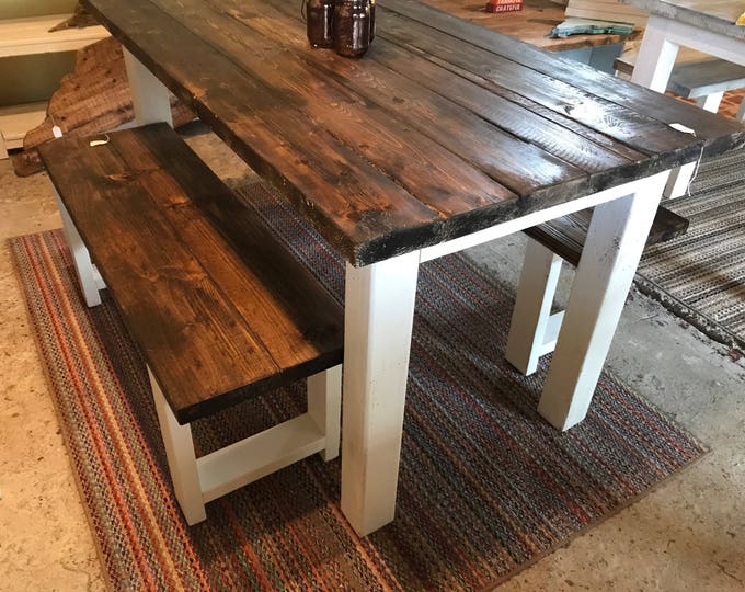 Small Farmhouse Table, Rustic Farmhouse Table with Benches, Espresso Dining Set With White Base, 5ft Table and Benches.