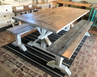 Farmhouse Table Set With Long Benches and Breadboards, Gray White Wash Finish and Distressed White Trestle Style Base Wooden Dining Set