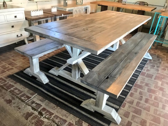 Farmhouse Table Set With Long Benches and Breadboards Gray White