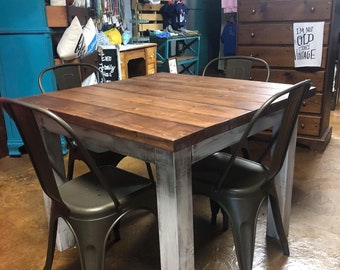 Square Farmhouse Dining Set: Handmade Table with Metal Chairs
