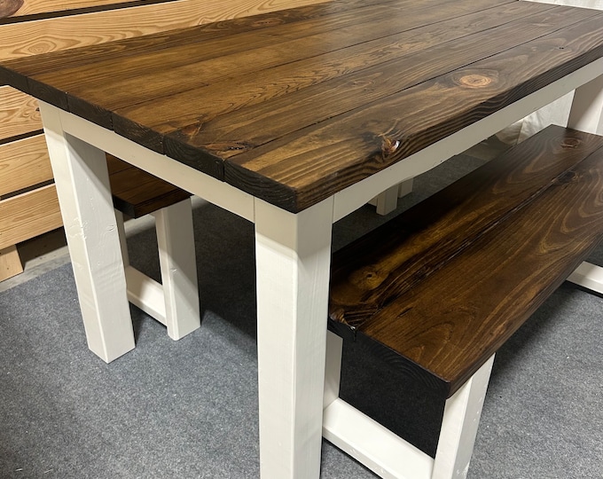 Small Farmhouse Table - Dining Set - With Benches - Espresso, Antique White - Kitchen Table - Wooden Table