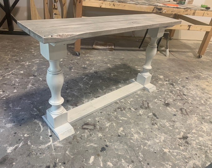 Rustic Farmhouse Entryway Table with shelve and Turned Legs, Gray White Top and Distressed White Base, Wooden Sofa Console Table