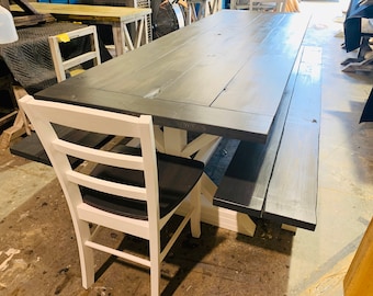 8ft Farmhouse Dining Table with Bench Seating: Charcoal Gray & White