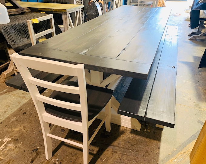 Rustic 9ft Long Pedestal Farmhouse Table Benches and Chairs Carbon Gray with Pure White Base Dining Set and Kitchen Table with Breadboards